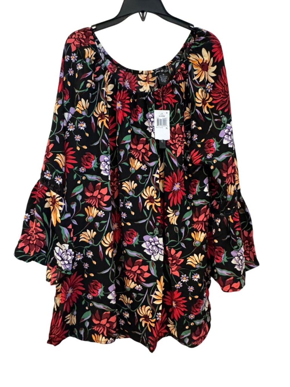 Olivia & Grace Floral Bell Sleeve Tunic Top XL Black Multicolor 100% Polyester W